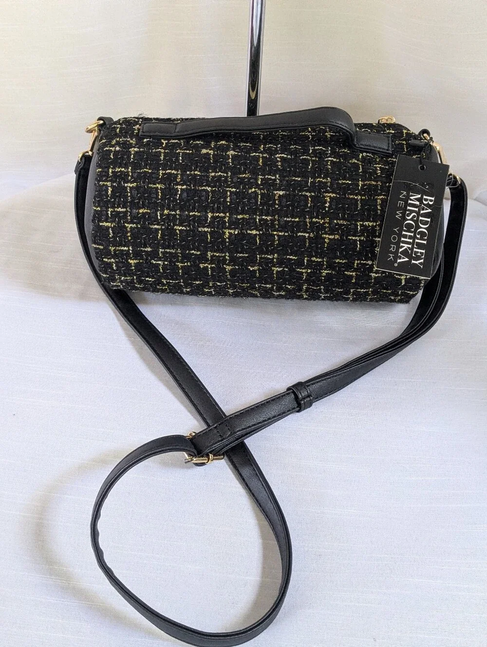 Badgley Mischka Black Tweed Crossbody with Gold Accents Nwt